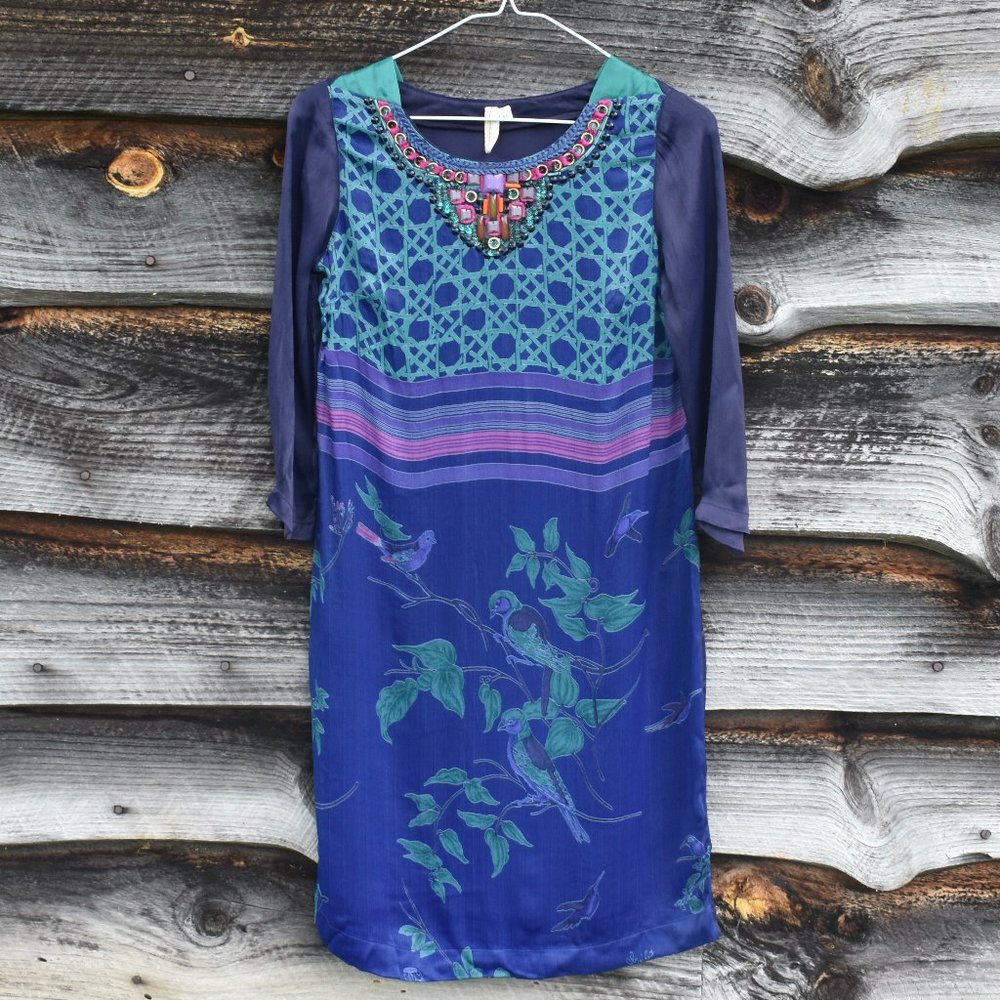 Anthro Bl-ink London Beaded Bird Print Dress XS